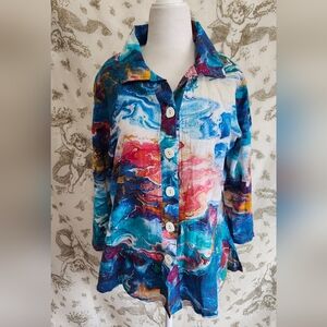 Multicolor Abstract Print Ocean Splash Paisley And Sage Women's Button Up Top M